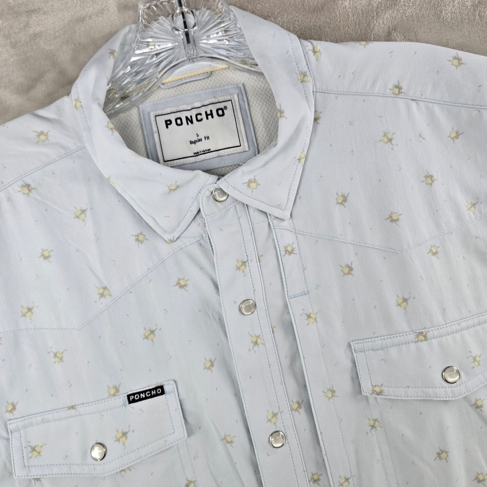 Poncho Western Shirt Mens Large Blue Floral Pearl Snap Performance Short Sleeve